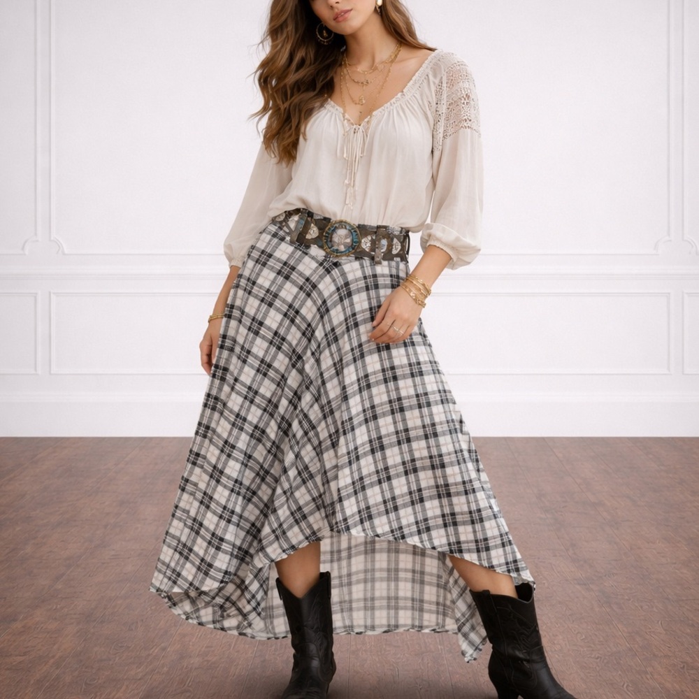 Free People Asymmetric Maxi Skirt Plaid Black and White Size Large Boho